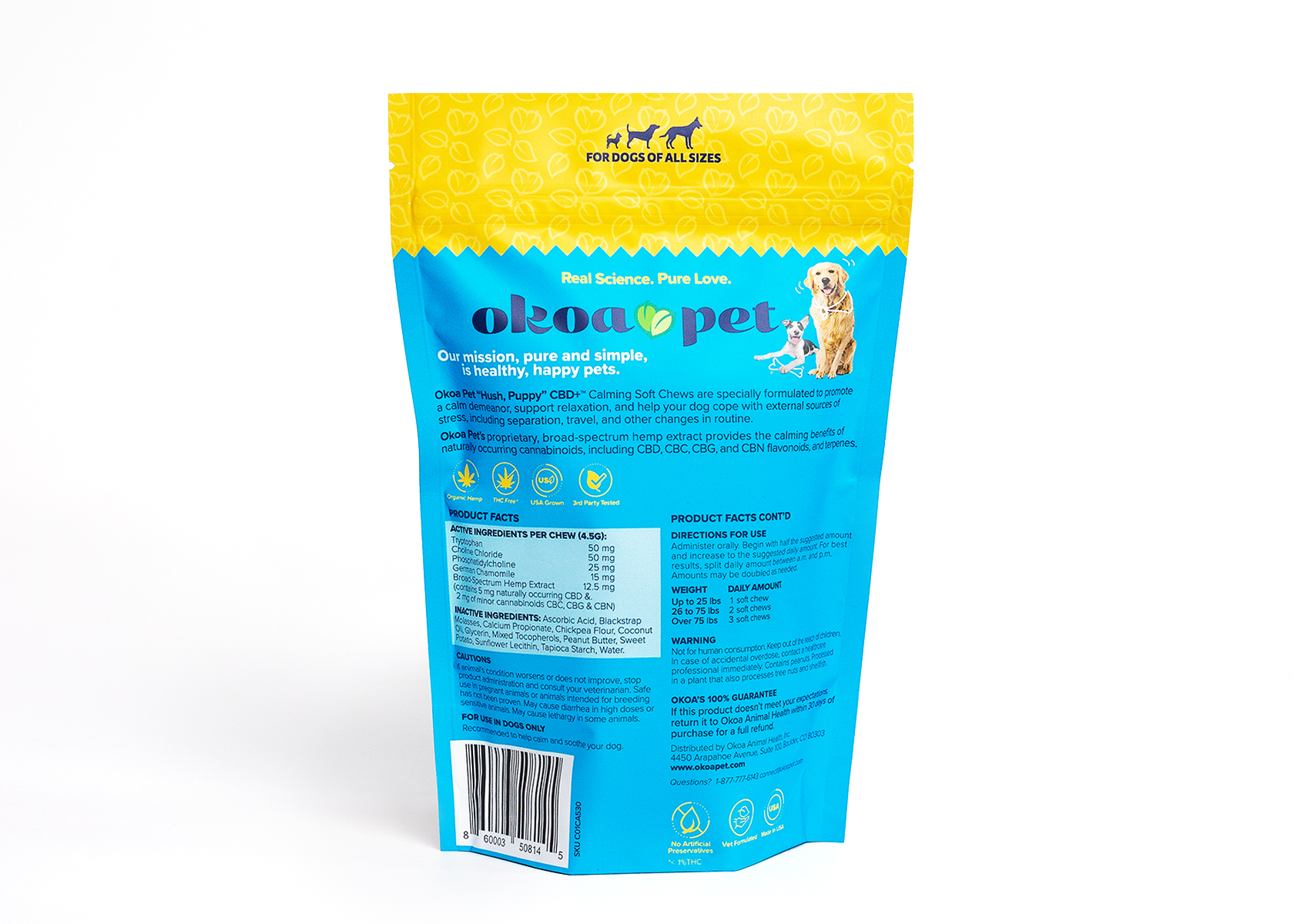 "Hush, Puppy" CBD+ calming soft chews back of bag